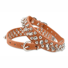 Spiked Studded Leather Dog Collar Rivets Pet Small Large Cat Pit Bull Adjustable (Color: brown, size: XXS)